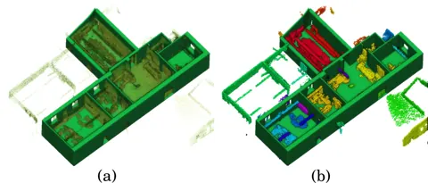 對齊後點雲與 BIM 模型比對所得的正向差異，以及以體素立方體呈現的分群新物件（移除天花板以利檢視）