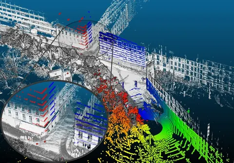 單次 LiDAR 掃描依各點時間戳記著色，經掃描起點與終點兩個位姿之間的彈性變形後對齊白色地圖點；下方軌跡示意見下一筆