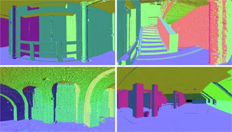 以修改版 SHS-Net 推估並朝掃描站定向的各場景法向量著色結果