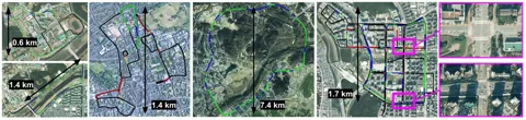 MulRan、Oxford Radar RobotCar 與 NAVER LABS 各序列軌跡疊合於航照圖。