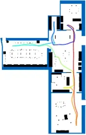 序列 2-1 的佔據格地圖與機器人軌跡，空房間地圖以藍色疊合顯示 Scan-BIM 偏差
